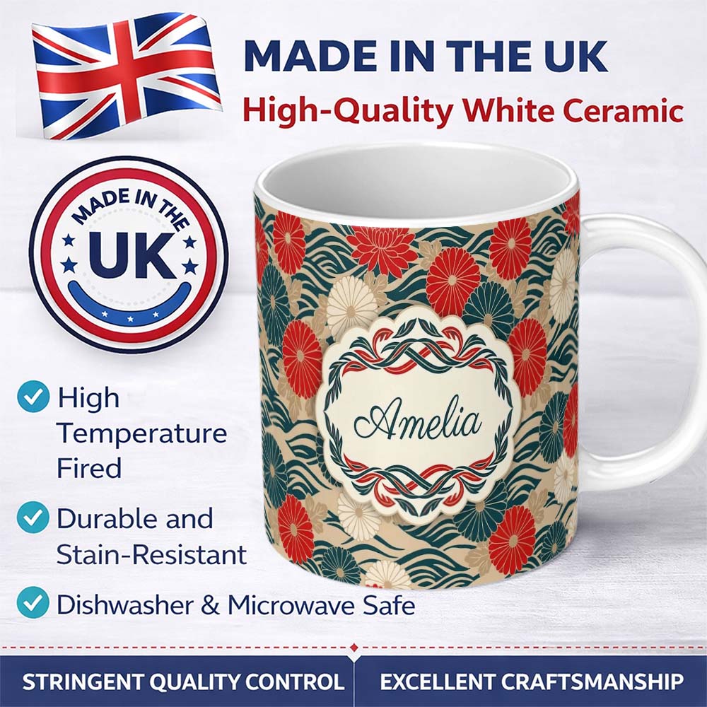 Personalized Custom Name Vintage Floral Japanese Blossom Pattern Seamless Name Cute Unique 11oz Ceramic Coffee Tea Mug White Large Handle