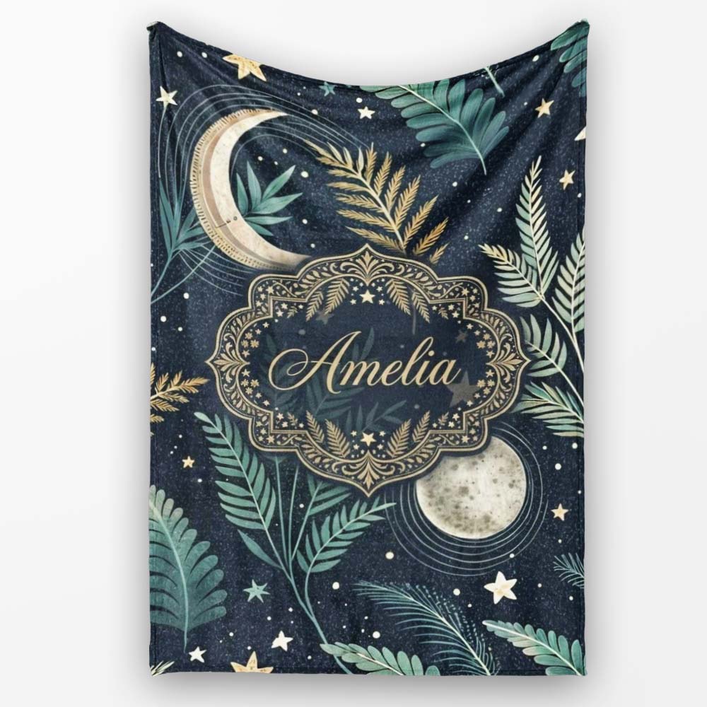Botanical Moon Leaves Stars Night Sky Seamless Pattern Lovely Personalised Custom Name Super Soft Fleece Blanket Bed Sofa Throw