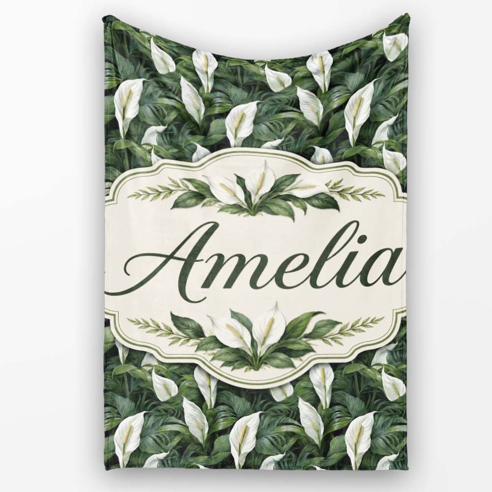 Realistic Peace Lily Leaves Botanical Seamless Pattern Name Cute Personalised Custom Name Super Soft Fleece Blanket Bed Sofa Throw