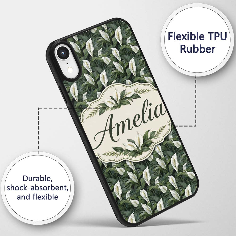 Realistic Peace Lily Leaves Botanical Seamless Custom Name Protective Phone Case Mobile Cover Durable Everyday Smartphone Shock Resistant