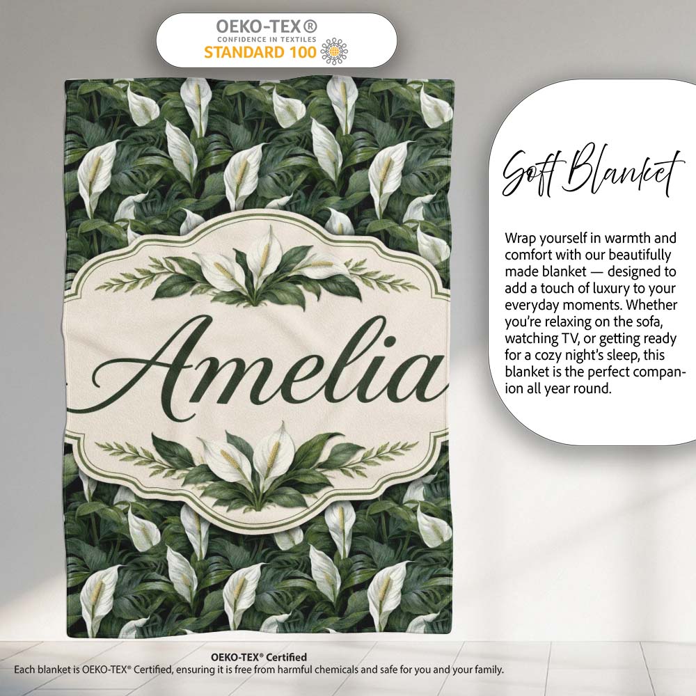 Realistic Peace Lily Leaves Botanical Seamless Pattern Name Cute Personalised Custom Name Super Soft Fleece Blanket Bed Sofa Throw