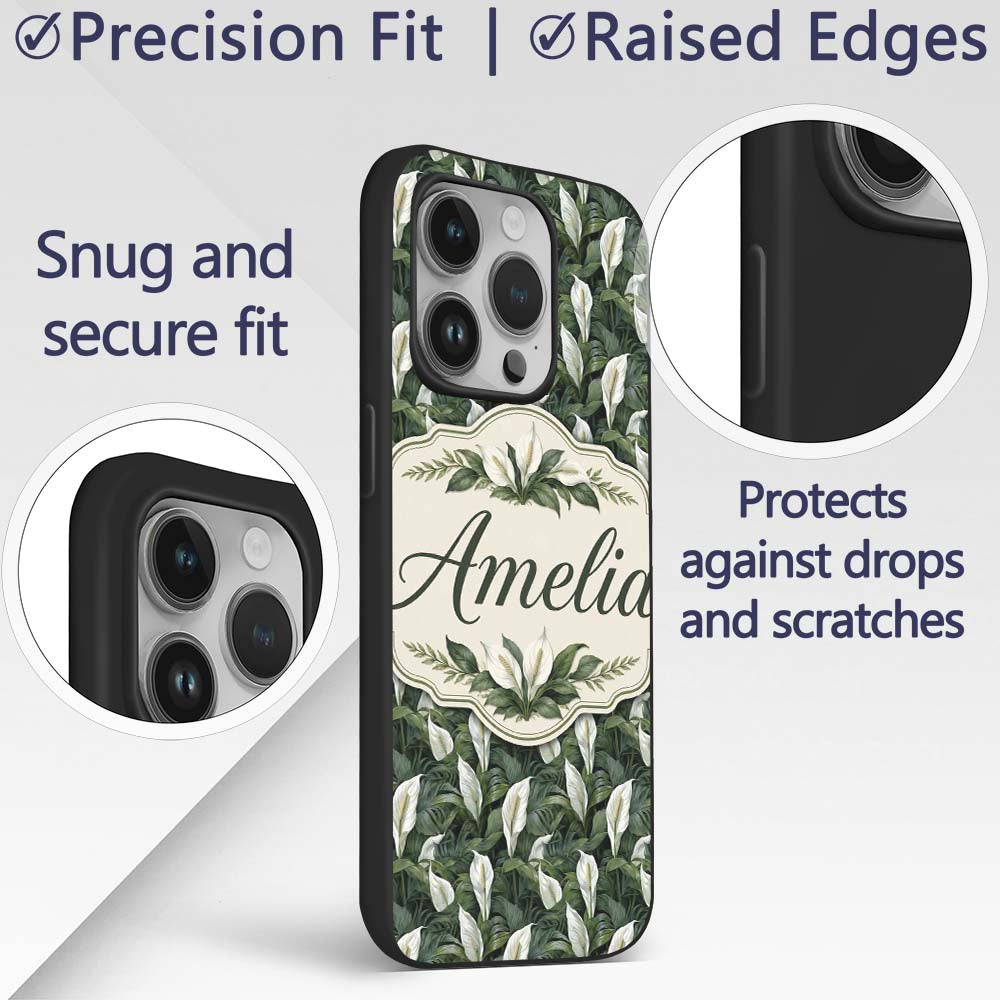 Realistic Peace Lily Leaves Botanical Seamless Custom Name Protective Phone Case Mobile Cover Durable Everyday Smartphone Shock Resistant