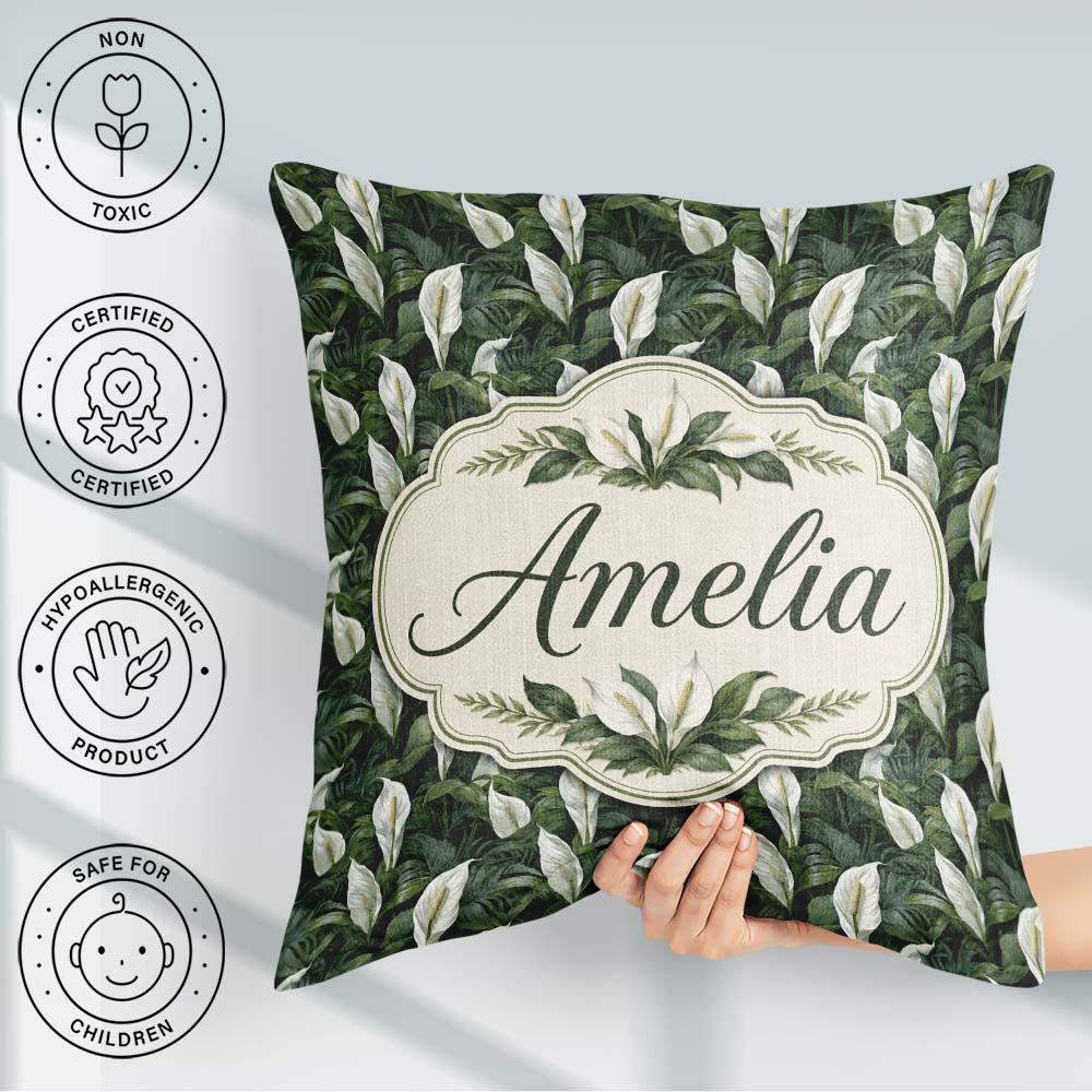 Custom Name Realistic Peace Lily Botanical Seamless Pattern Name Square Filled Cushion Throw Pillow Sofa Bed Home Decor Zip Washable UK Made
