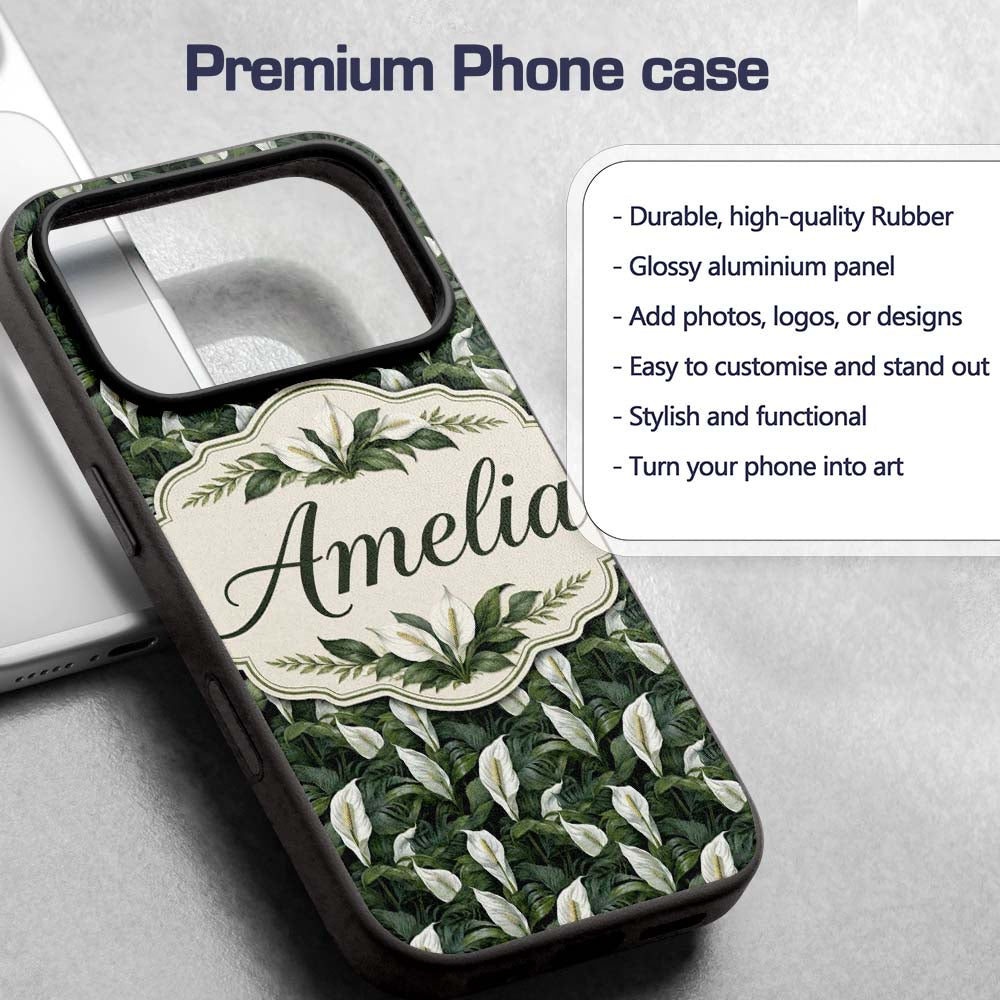 Realistic Peace Lily Leaves Botanical Seamless Custom Name Protective Phone Case Mobile Cover Durable Everyday Smartphone Shock Resistant