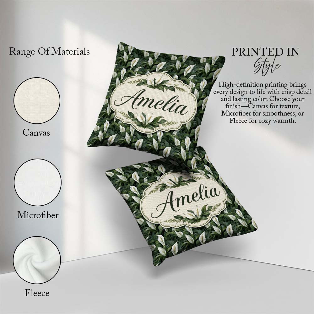 Custom Name Realistic Peace Lily Botanical Seamless Pattern Name Square Filled Cushion Throw Pillow Sofa Bed Home Decor Zip Washable UK Made