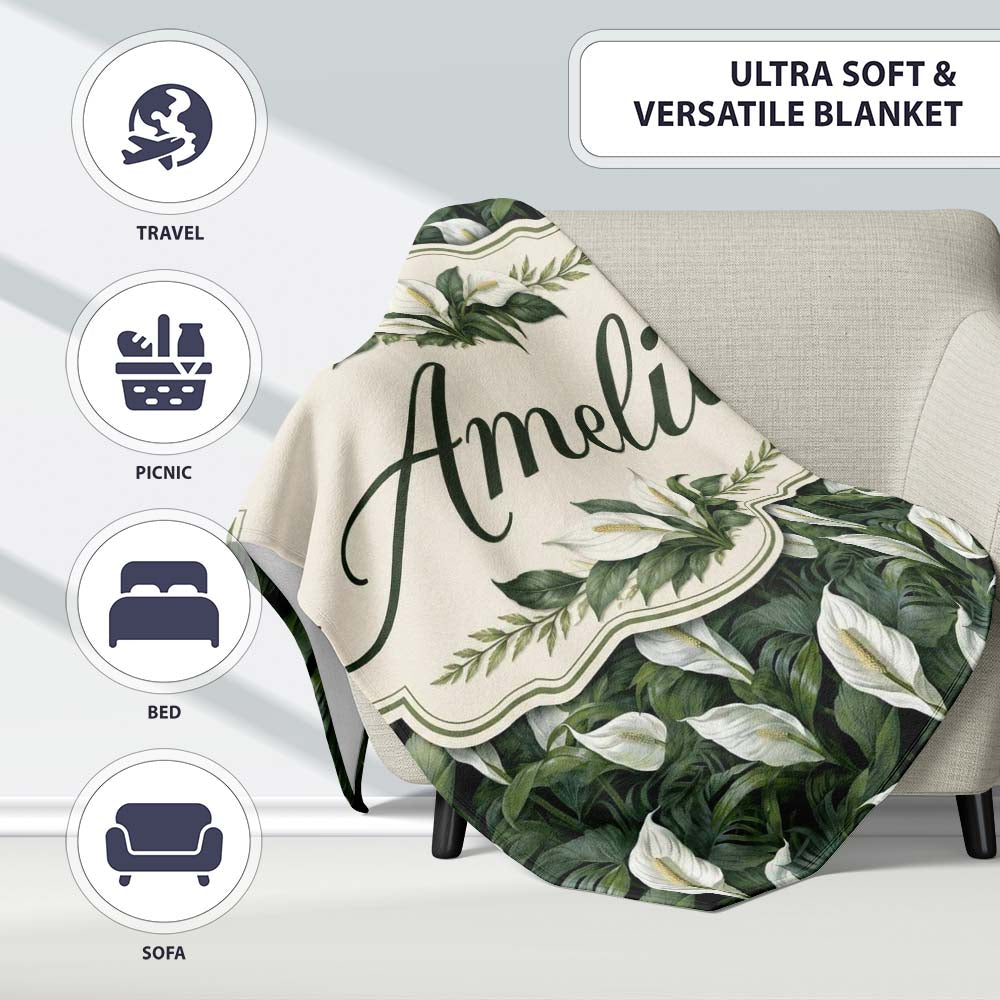 Realistic Peace Lily Leaves Botanical Seamless Pattern Name Cute Personalised Custom Name Super Soft Fleece Blanket Bed Sofa Throw