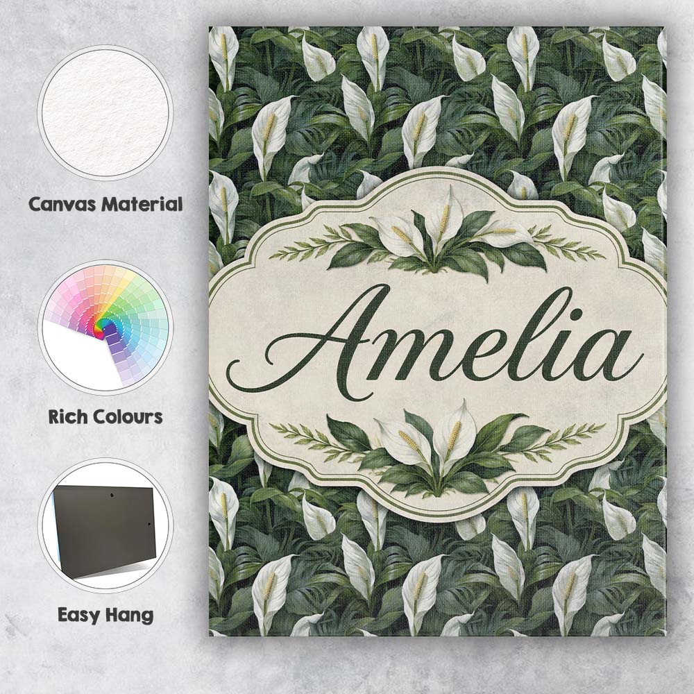 Personalised Name Realistic Peace Lily Custom Modern Room Accent Elegant Feature Canvas Wall Art Print Decor Picture Ready to Hang