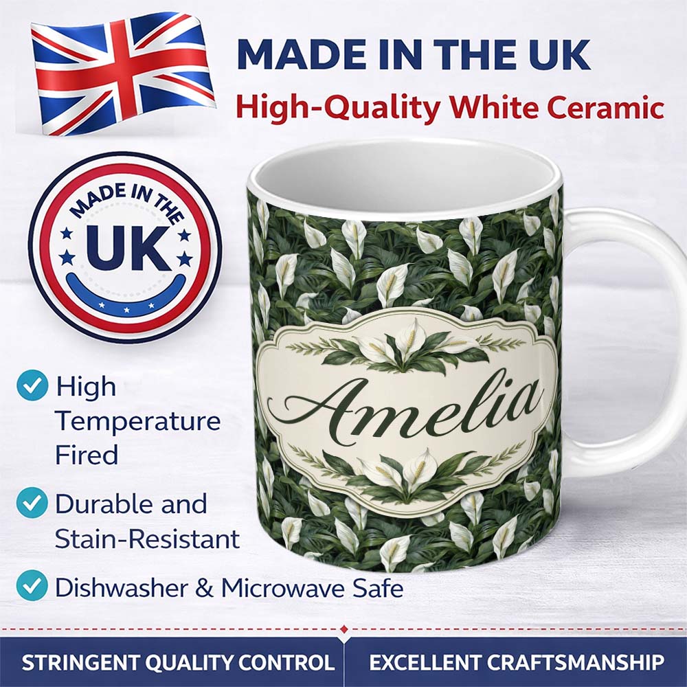 Personalized Custom Name Realistic Peace Lily Leaves Botanical Seamless Pattern Name Cute 11oz Ceramic Coffee Tea Mug White Large Handle