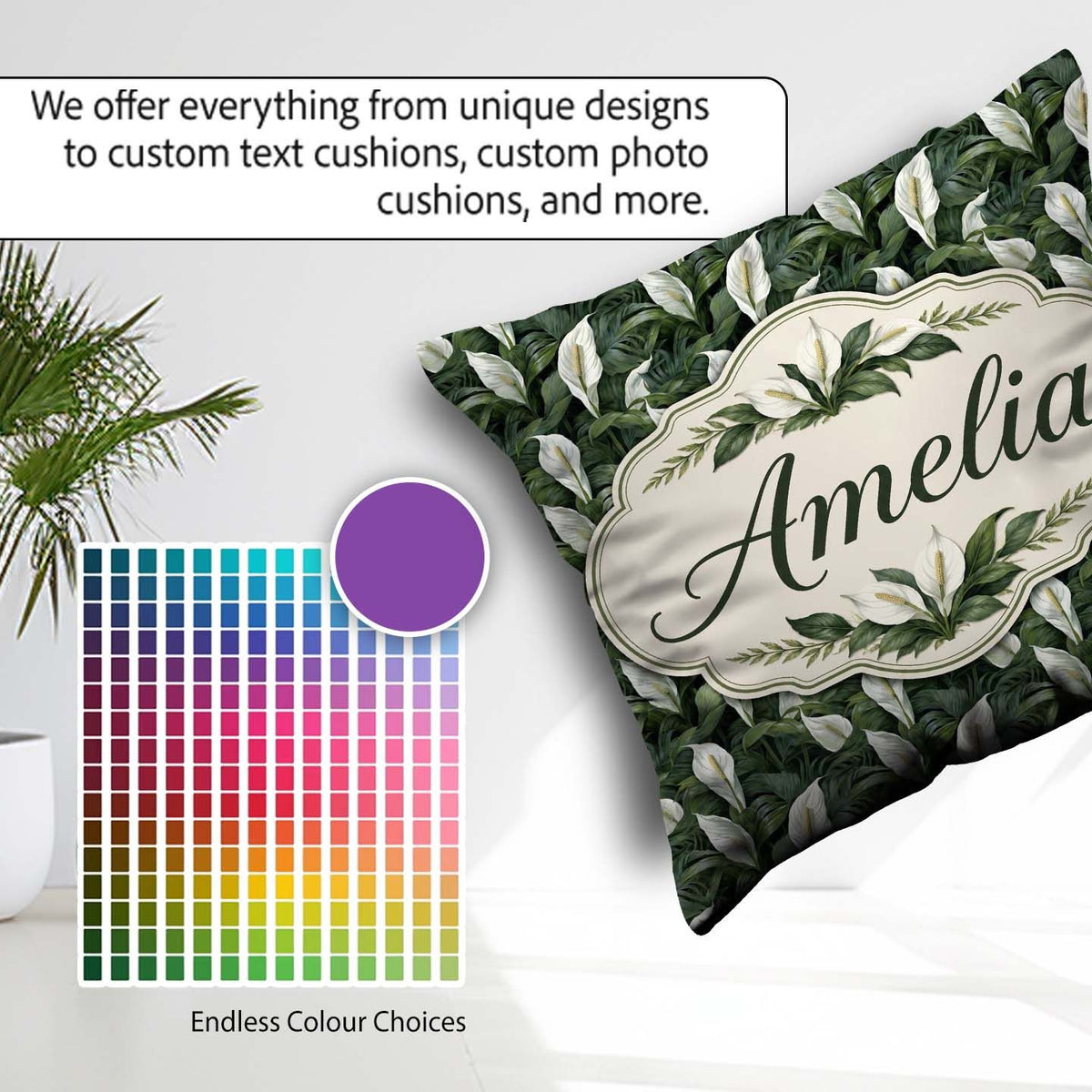 Custom Name Realistic Peace Lily Botanical Seamless Pattern Name Square Filled Cushion Throw Pillow Sofa Bed Home Decor Zip Washable UK Made