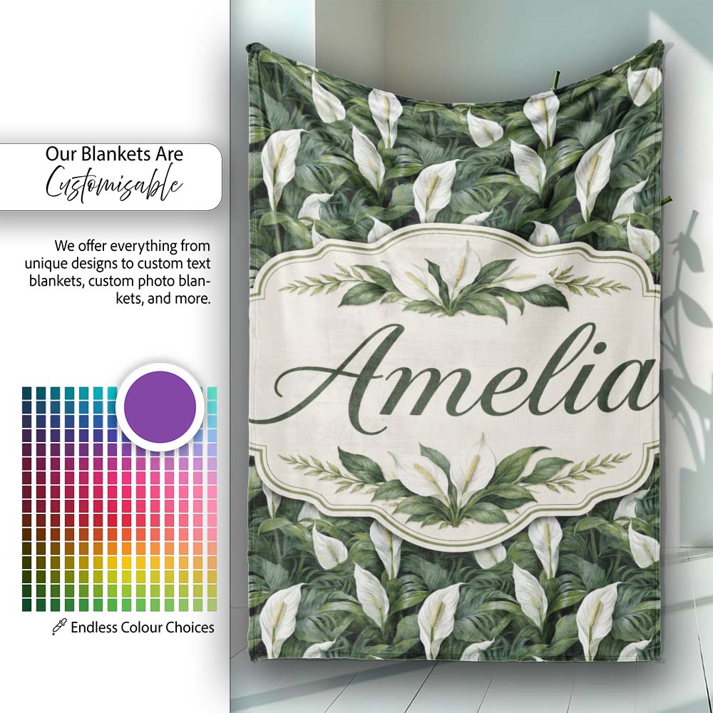 Realistic Peace Lily Leaves Botanical Seamless Pattern Name Cute Personalised Custom Name Super Soft Fleece Blanket Bed Sofa Throw