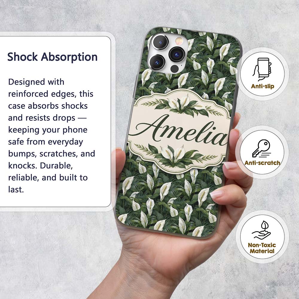 Realistic Peace Lily Leaves Botanical Seamless Custom Name Protective Phone Case Mobile Cover Durable Everyday Smartphone Shock Resistant