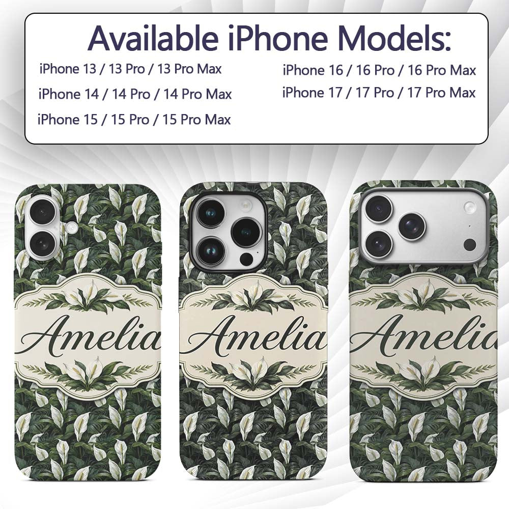 Realistic Peace Lily Leaves Botanical Seamless Custom Name Protective Phone Case Mobile Cover Durable Everyday Smartphone Shock Resistant