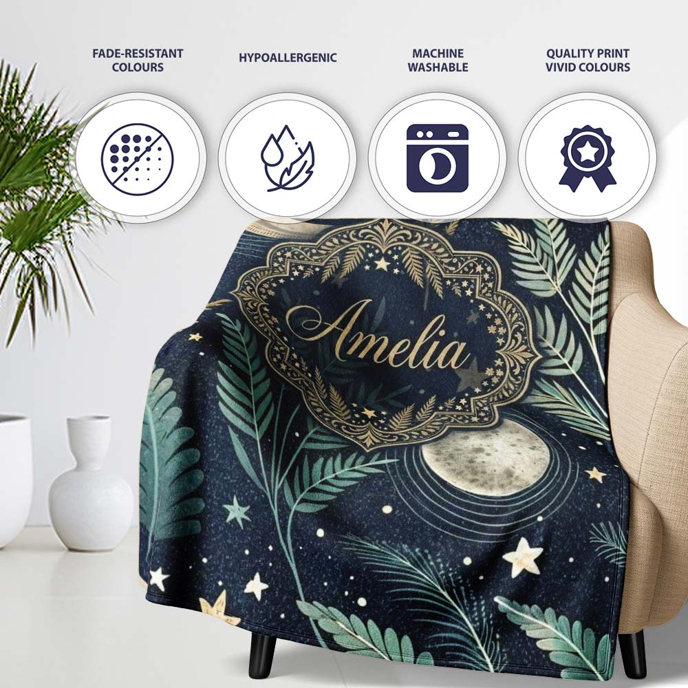 Botanical Moon Leaves Stars Night Sky Seamless Pattern Lovely Personalised Custom Name Super Soft Fleece Blanket Bed Sofa Throw