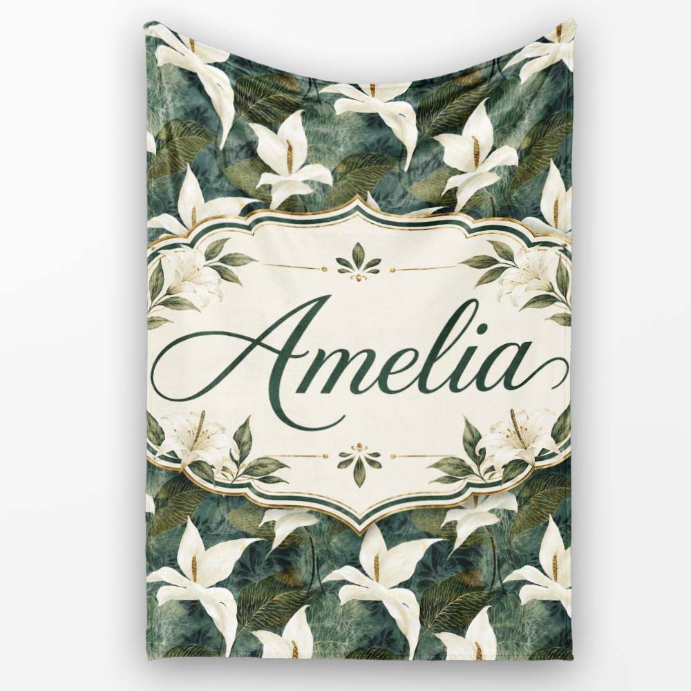 Elegant White Lily Floral Dark Leaves Seamless Pattern Name Cute Personalised Custom Name Super Soft Fleece Blanket Bed Sofa Throw