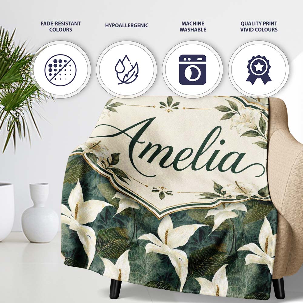 Elegant White Lily Floral Dark Leaves Seamless Pattern Name Cute Personalised Custom Name Super Soft Fleece Blanket Bed Sofa Throw