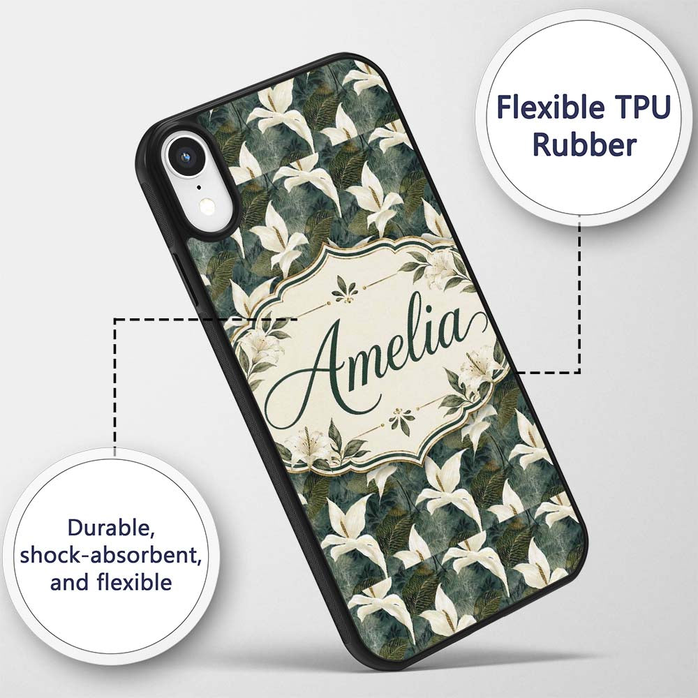 Elegant White Lily Floral Dark Leaves Seamless Custom Name Protective Phone Case Mobile Cover Durable Everyday Smartphone Shock Resistant