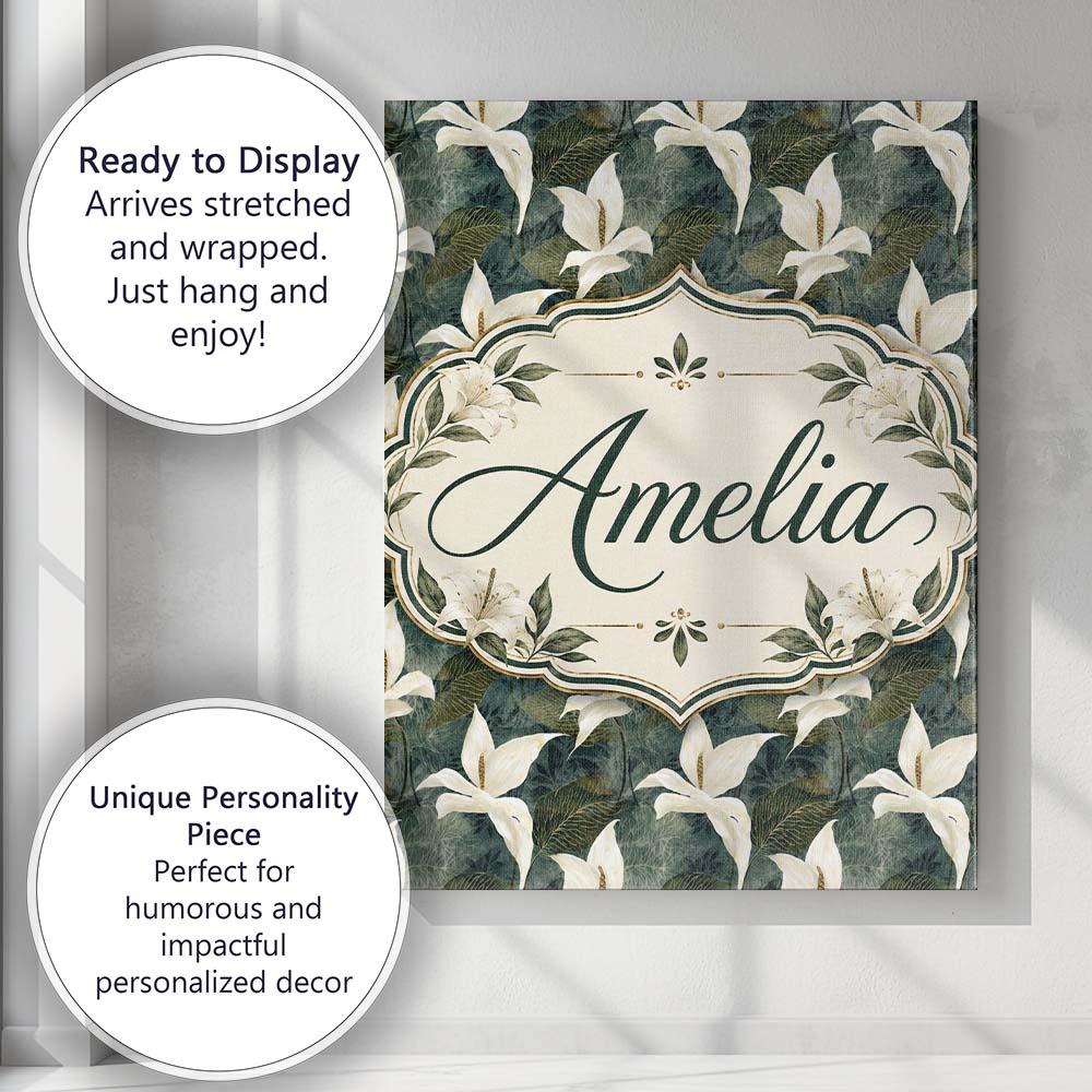 Personalised Name Elegant White Lily Floral Custom Bespoke Interior Contemporary Canvas Wall Art Print Decor Picture Ready to Hang