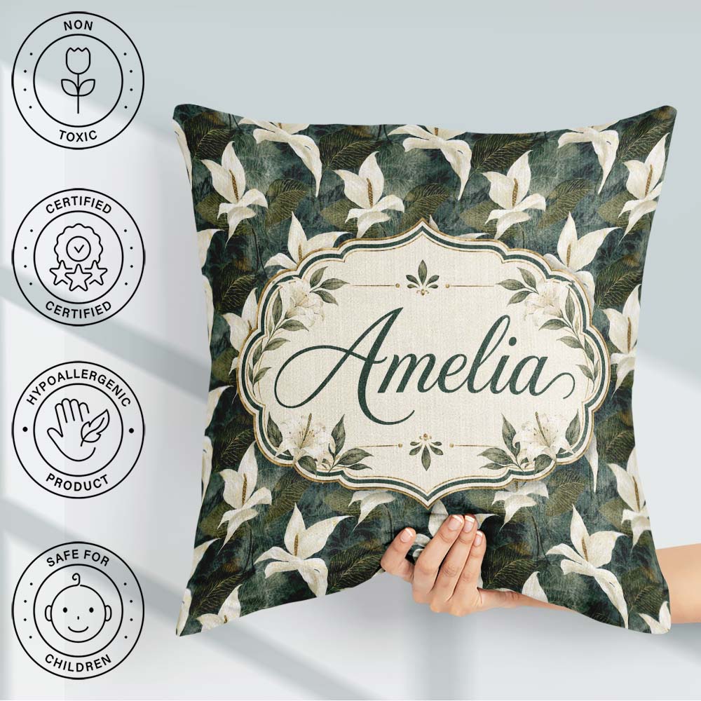 Custom Name Elegant White Lily Floral Dark Seamless Pattern Name Square Filled Cushion Throw Pillow Sofa Bed Home Decor Zip Washable UK Made