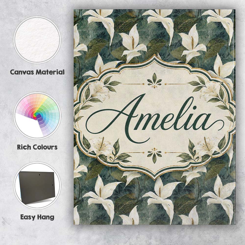 Personalised Name Elegant White Lily Floral Custom Bespoke Interior Contemporary Canvas Wall Art Print Decor Picture Ready to Hang