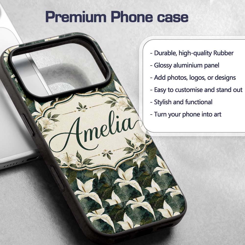Elegant White Lily Floral Dark Leaves Seamless Custom Name Protective Phone Case Mobile Cover Durable Everyday Smartphone Shock Resistant