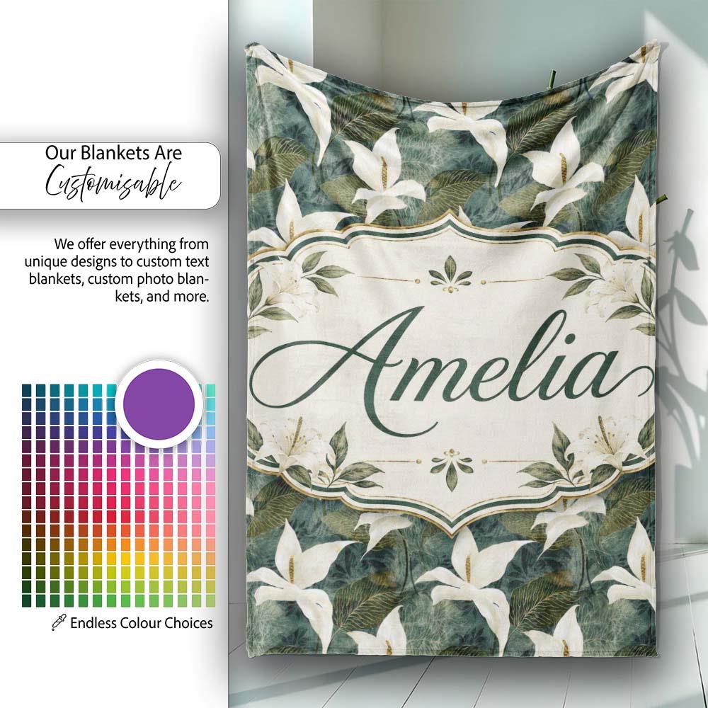 Elegant White Lily Floral Dark Leaves Seamless Pattern Name Cute Personalised Custom Name Super Soft Fleece Blanket Bed Sofa Throw