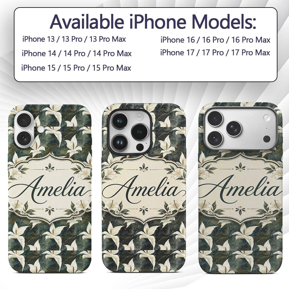 Elegant White Lily Floral Dark Leaves Seamless Custom Name Protective Phone Case Mobile Cover Durable Everyday Smartphone Shock Resistant