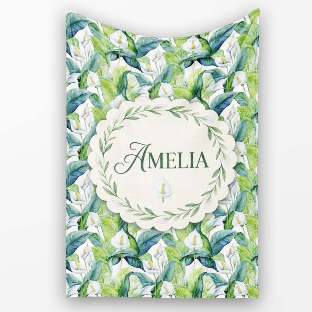 Fresh Green Lily Leaves Botanical Seamless Pattern Name Cute Unique Personalised Custom Name Super Soft Fleece Blanket Bed Sofa Throw