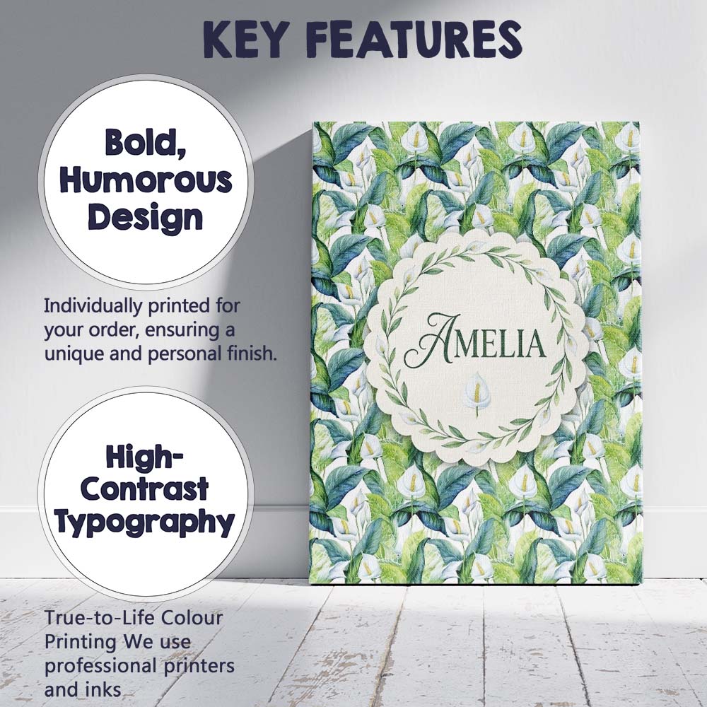 Personalised Name Fresh Green Lily Leaves Custom Unique Gift Idea Elegant Feature Canvas Wall Art Print Decor Picture Ready to Hang