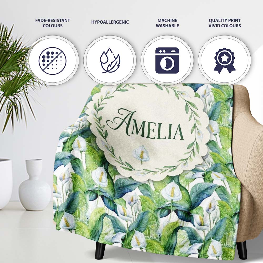 Fresh Green Lily Leaves Botanical Seamless Pattern Name Cute Unique Personalised Custom Name Super Soft Fleece Blanket Bed Sofa Throw