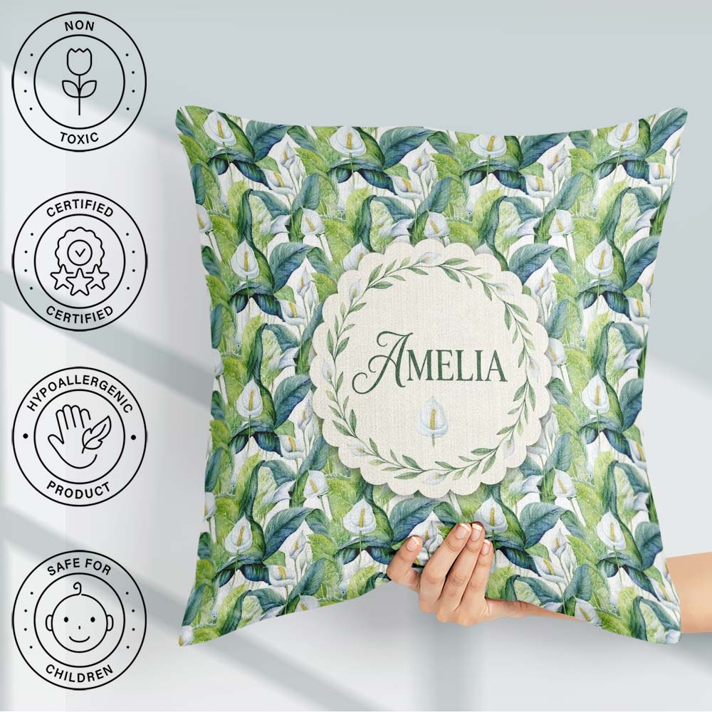 Custom Name Fresh Green Lily Leaves Botanical Seamless Name Cute Square Filled Cushion Throw Pillow Sofa Bed Home Decor Zip Washable UK Made