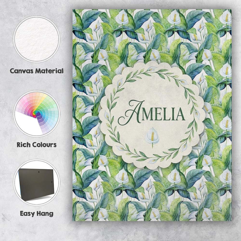 Personalised Name Fresh Green Lily Leaves Custom Unique Gift Idea Elegant Feature Canvas Wall Art Print Decor Picture Ready to Hang