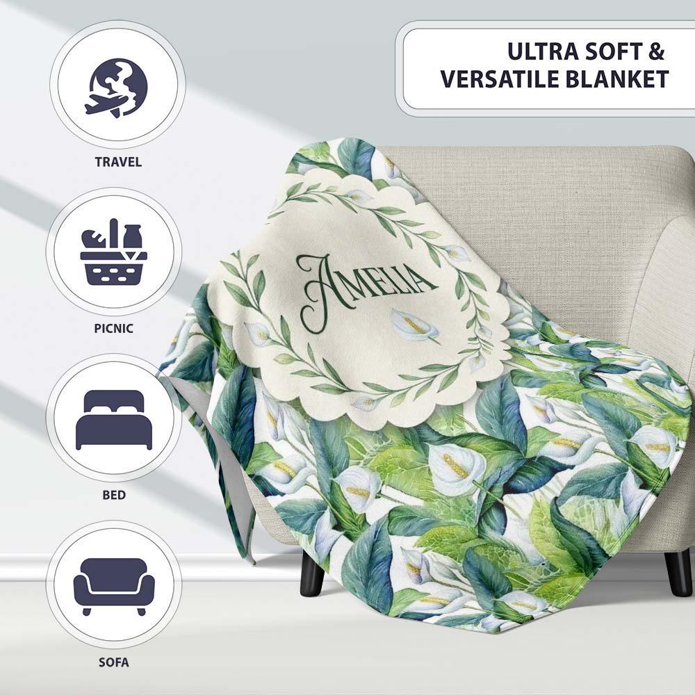 Fresh Green Lily Leaves Botanical Seamless Pattern Name Cute Unique Personalised Custom Name Super Soft Fleece Blanket Bed Sofa Throw