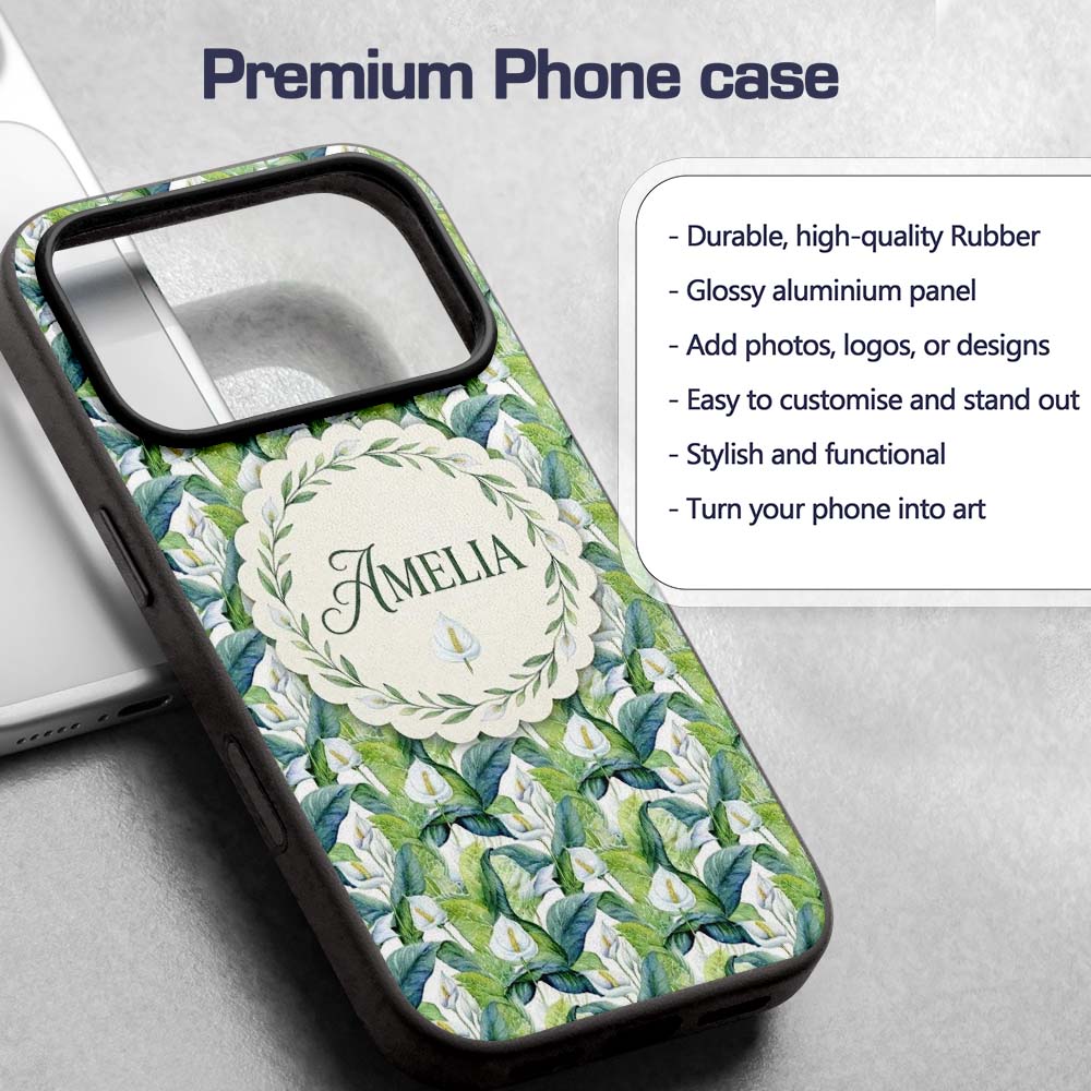 Fresh Green Lily Leaves Botanical Printed Design Custom Name Protective Phone Case Mobile Cover Durable Everyday Smartphone Shock Resistant