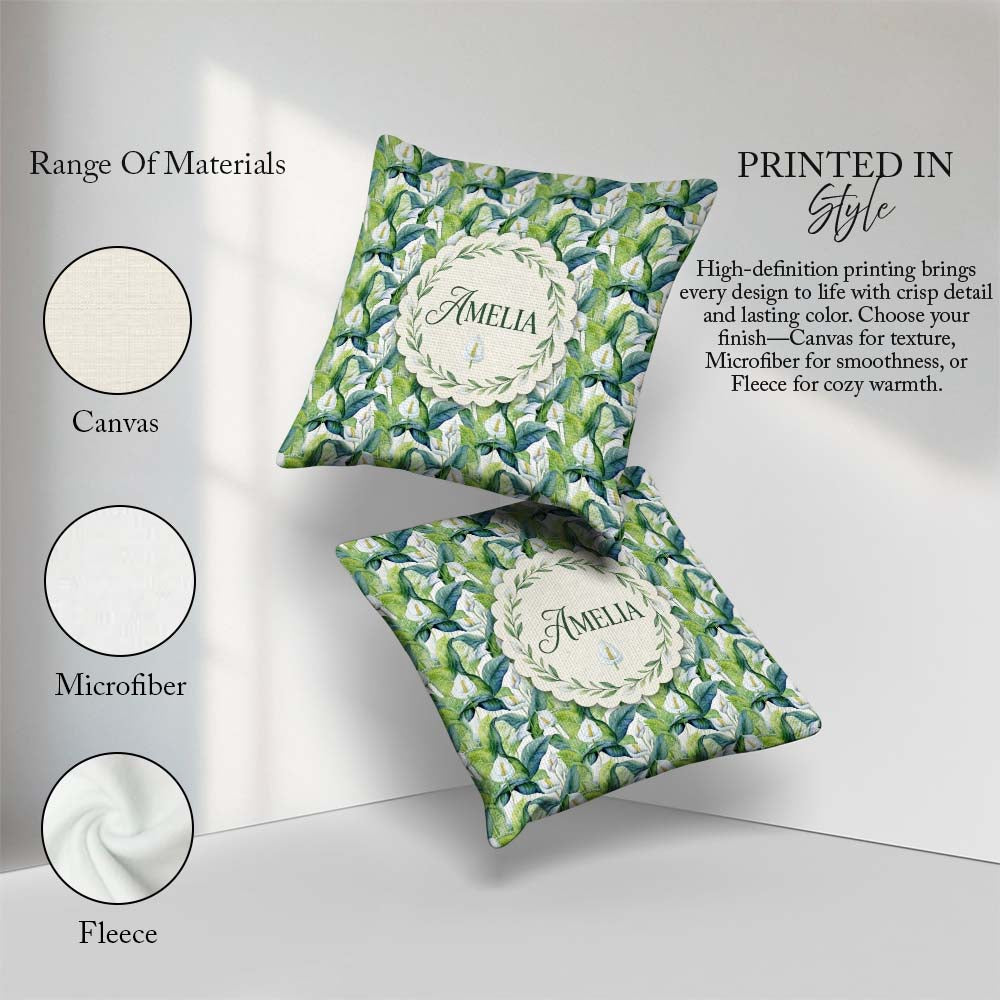 Custom Name Fresh Green Lily Leaves Botanical Seamless Name Cute Square Filled Cushion Throw Pillow Sofa Bed Home Decor Zip Washable UK Made