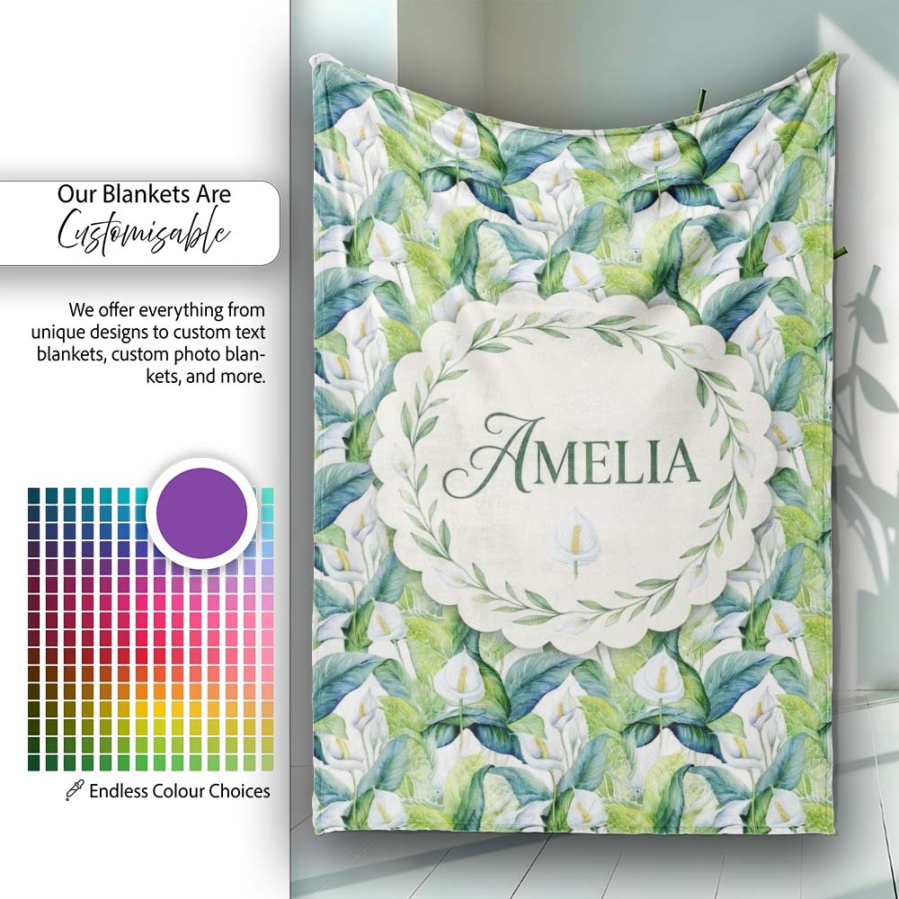 Fresh Green Lily Leaves Botanical Seamless Pattern Name Cute Unique Personalised Custom Name Super Soft Fleece Blanket Bed Sofa Throw