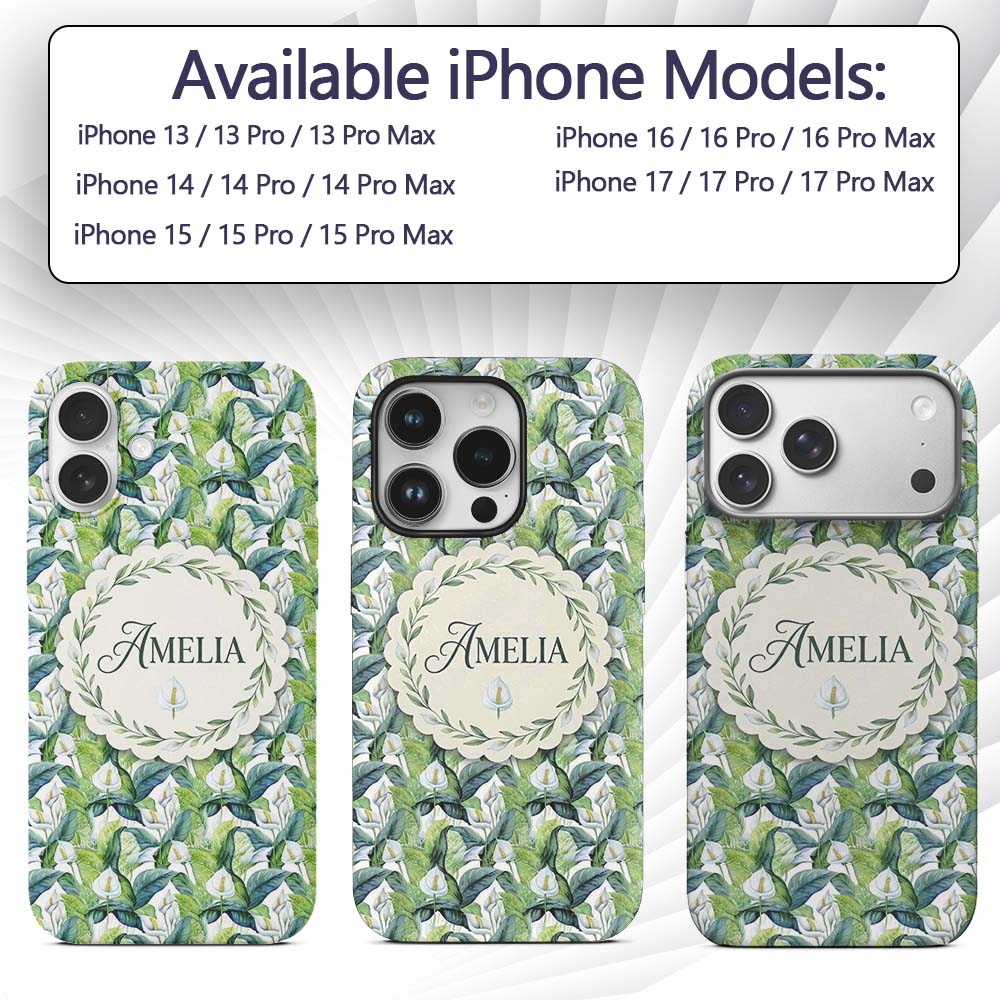 Fresh Green Lily Leaves Botanical Printed Design Custom Name Protective Phone Case Mobile Cover Durable Everyday Smartphone Shock Resistant