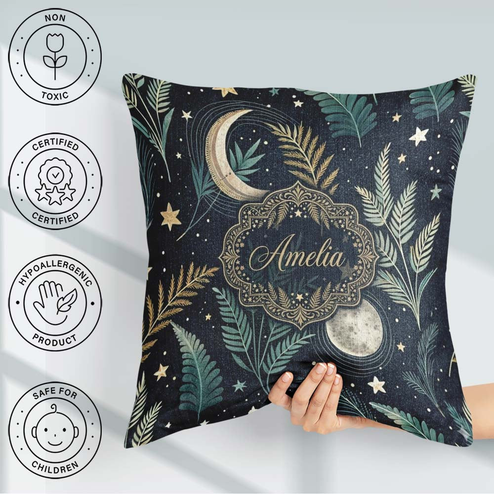 Custom Name Botanical Moon Leaves Stars Night Sky Pattern Lovely Square Filled Cushion Throw Pillow Sofa Bed Home Decor Zip Washable UK Made