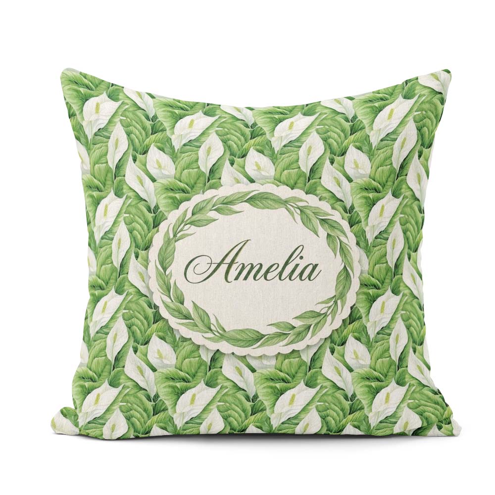 Custom Name Lush Green Peace Lily Leaves Botanical Seamless Name Square Filled Cushion Throw Pillow Sofa Bed Home Decor Zip Washable UK Made