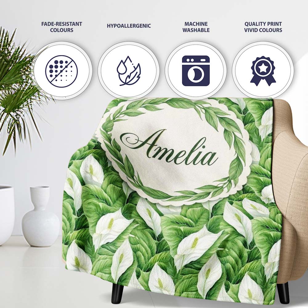 Lush Green Peace Lily Leaves Botanical Seamless Pattern Name Cute Personalised Custom Name Super Soft Fleece Blanket Bed Sofa Throw