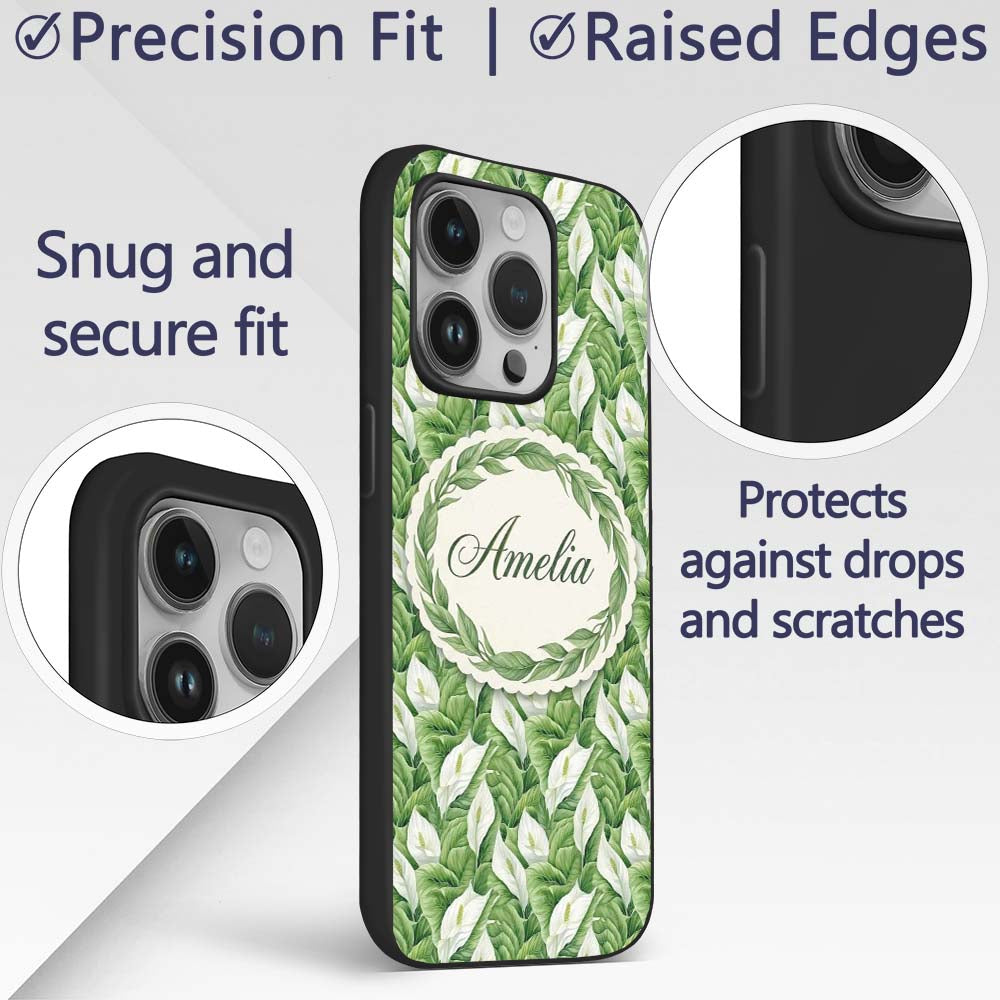Lush Green Peace Lily Leaves Botanical Seamless Custom Name Protective Phone Case Mobile Cover Durable Everyday Smartphone Shock Resistant