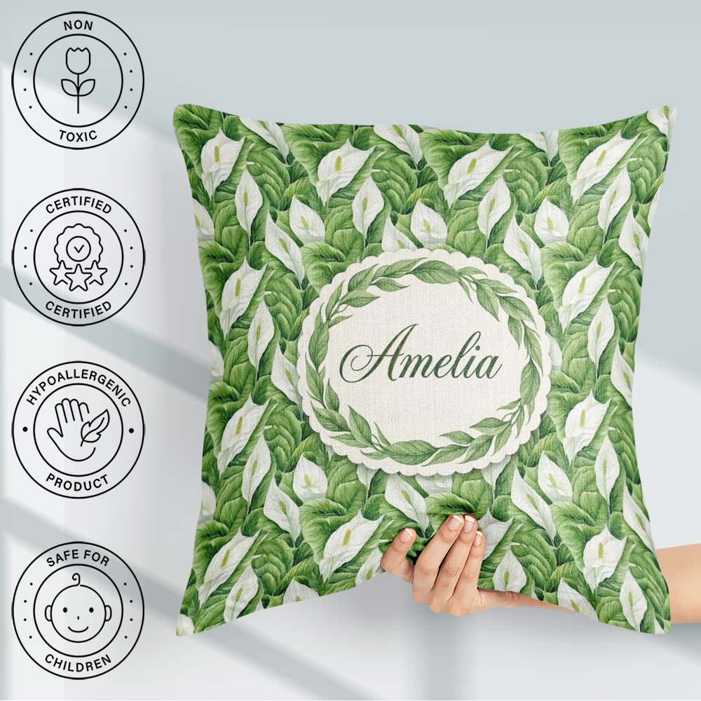 Custom Name Lush Green Peace Lily Leaves Botanical Seamless Name Square Filled Cushion Throw Pillow Sofa Bed Home Decor Zip Washable UK Made