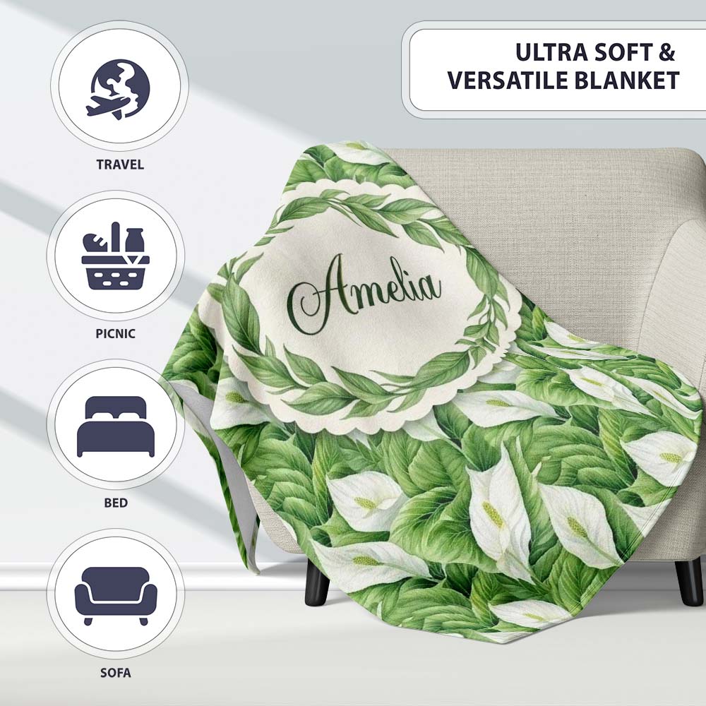 Lush Green Peace Lily Leaves Botanical Seamless Pattern Name Cute Personalised Custom Name Super Soft Fleece Blanket Bed Sofa Throw