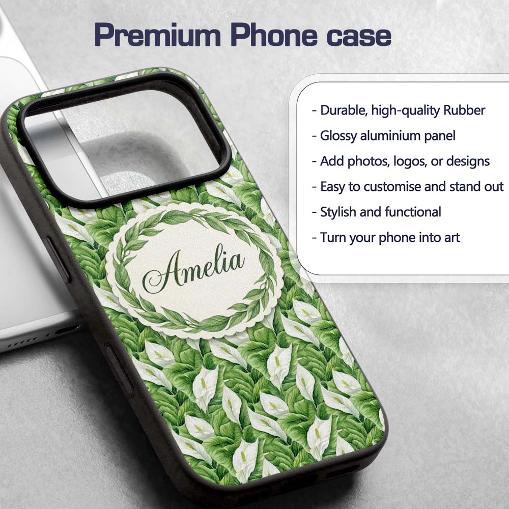 Lush Green Peace Lily Leaves Botanical Seamless Custom Name Protective Phone Case Mobile Cover Durable Everyday Smartphone Shock Resistant