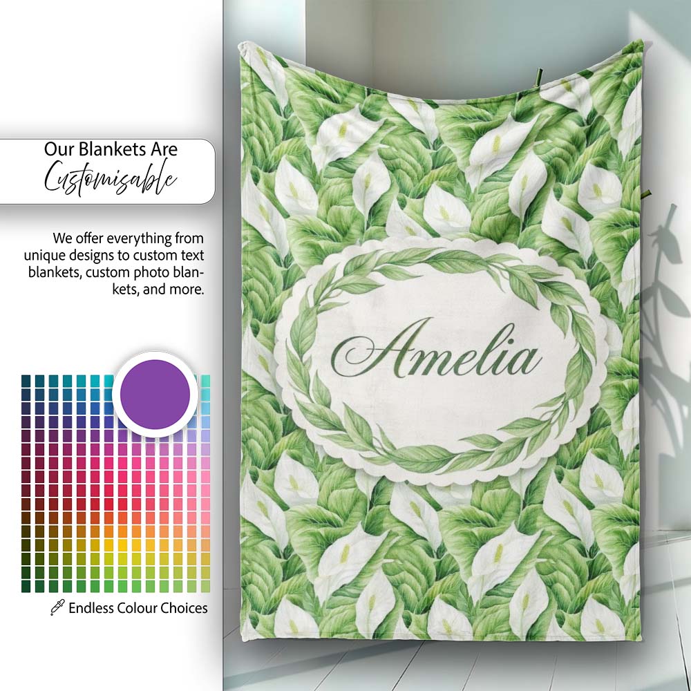 Lush Green Peace Lily Leaves Botanical Seamless Pattern Name Cute Personalised Custom Name Super Soft Fleece Blanket Bed Sofa Throw