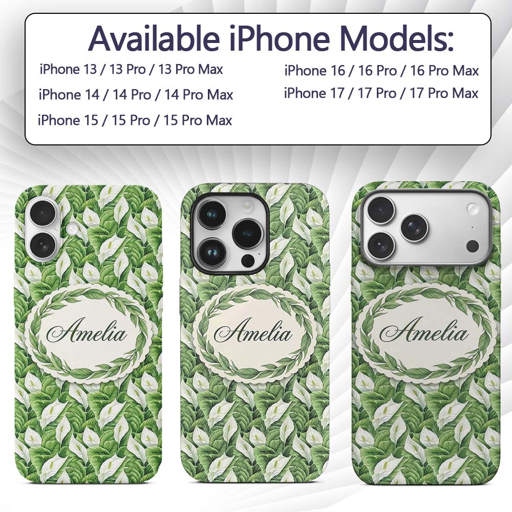 Lush Green Peace Lily Leaves Botanical Seamless Custom Name Protective Phone Case Mobile Cover Durable Everyday Smartphone Shock Resistant