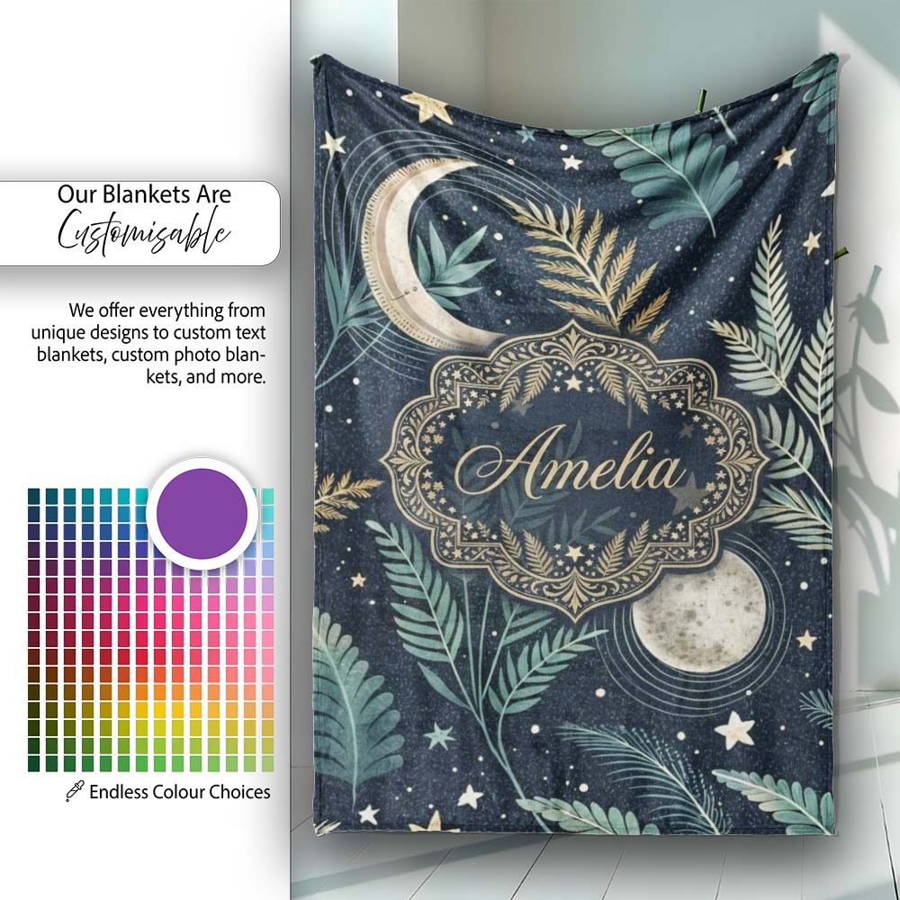 Botanical Moon Leaves Stars Night Sky Seamless Pattern Lovely Personalised Custom Name Super Soft Fleece Blanket Bed Sofa Throw