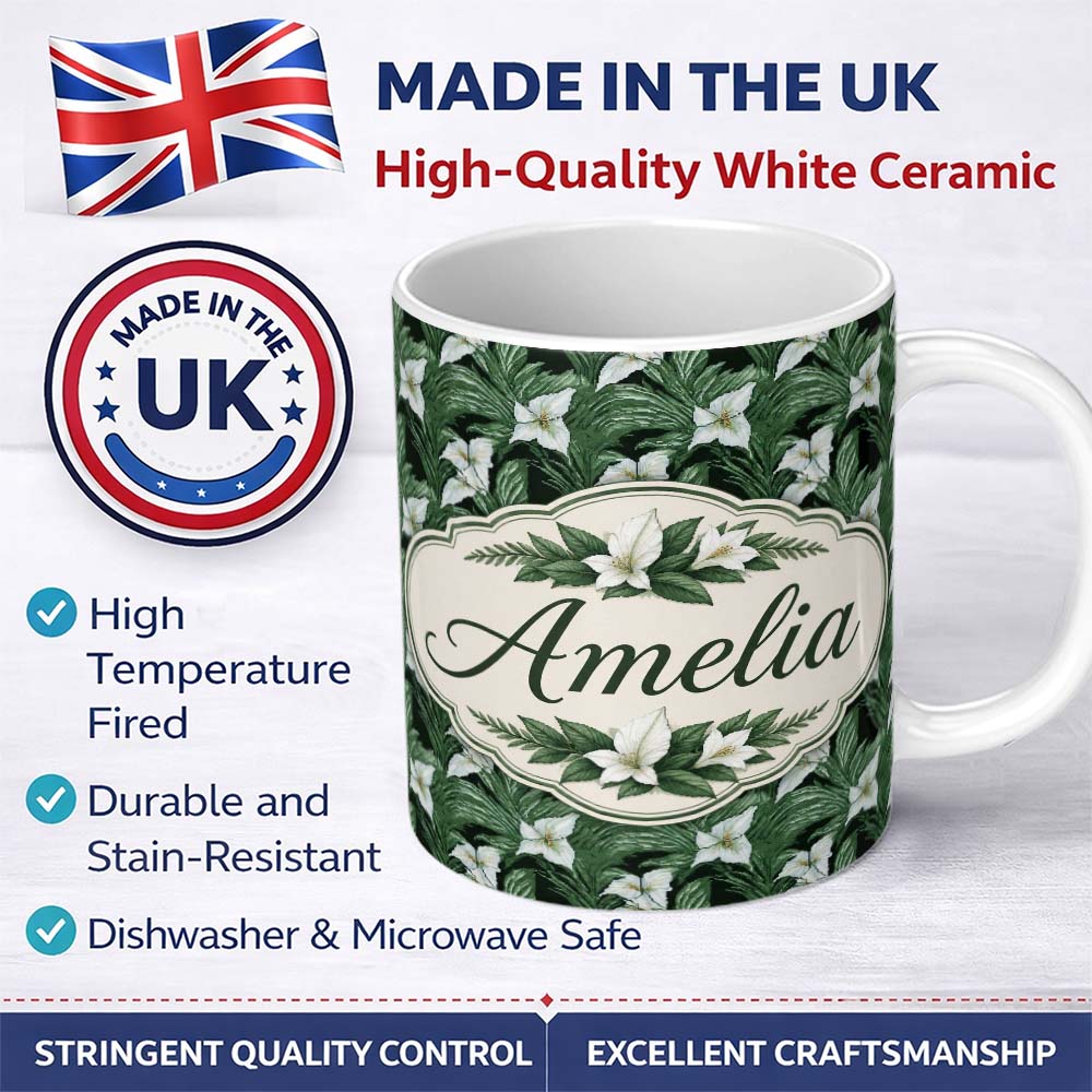 Personalized Custom Name Dark Vintage Lily Leaves Floral Seamless Pattern Name Cute Unique 11oz Ceramic Coffee Tea Mug White Large Handle