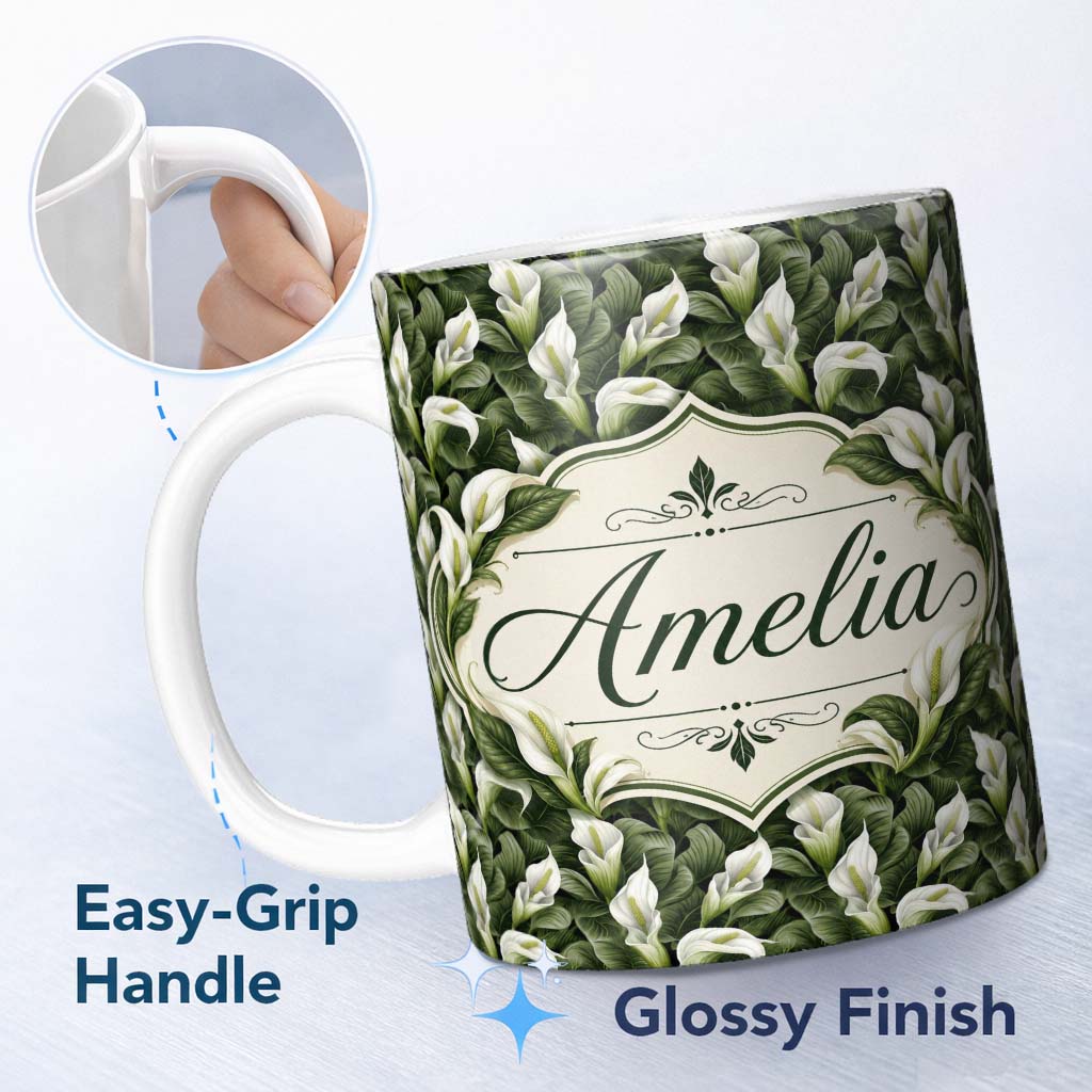 Personalized Custom Name Elegant White Peace Lily Deep Green Leaves Seamless Pattern Name 11oz Ceramic Coffee Tea Mug White Large Handle
