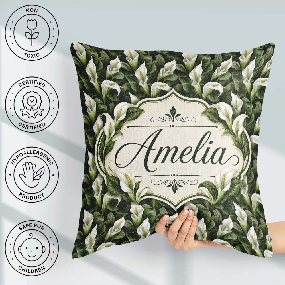 Custom Name Elegant White Peace Lily Deep Green Seamless Pattern Square Filled Cushion Throw Pillow Sofa Bed Home Decor Zip Washable UK Made