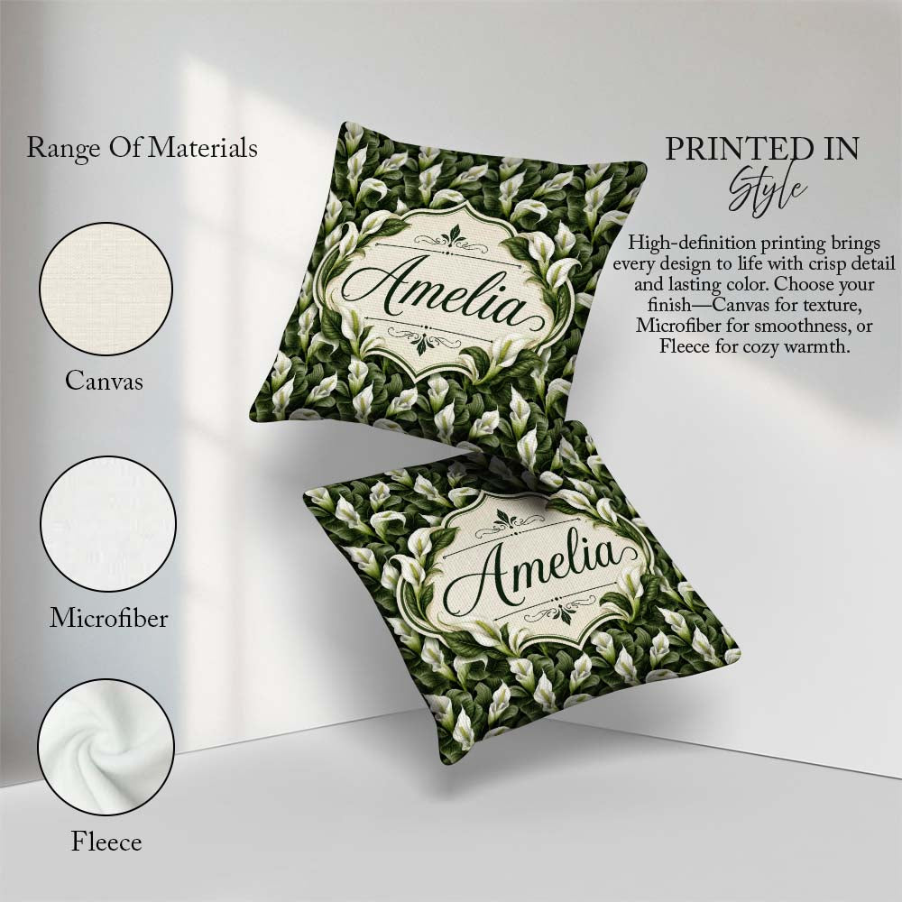 Custom Name Elegant White Peace Lily Deep Green Seamless Pattern Square Filled Cushion Throw Pillow Sofa Bed Home Decor Zip Washable UK Made